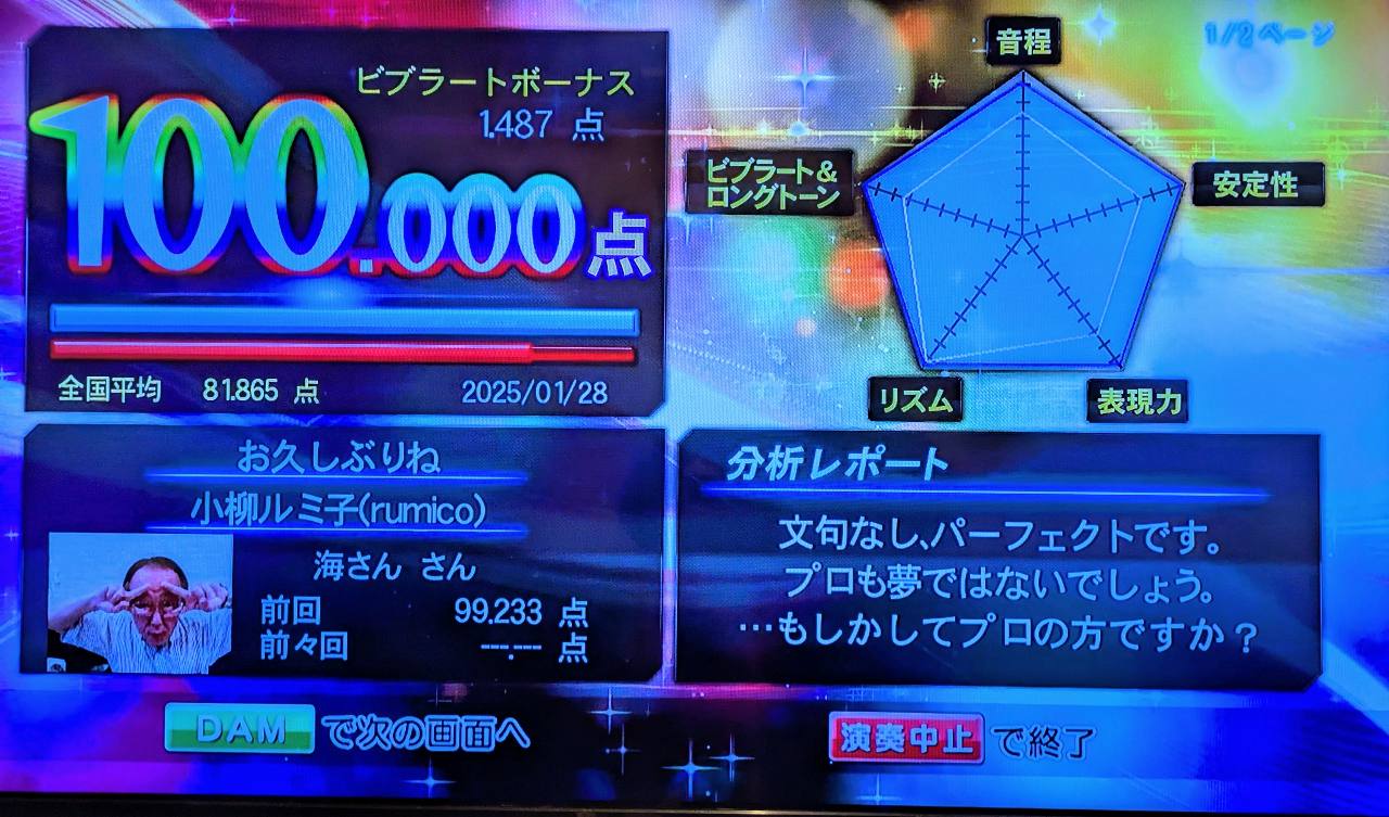 お久しぶりね（小柳ルミ子）100.000点