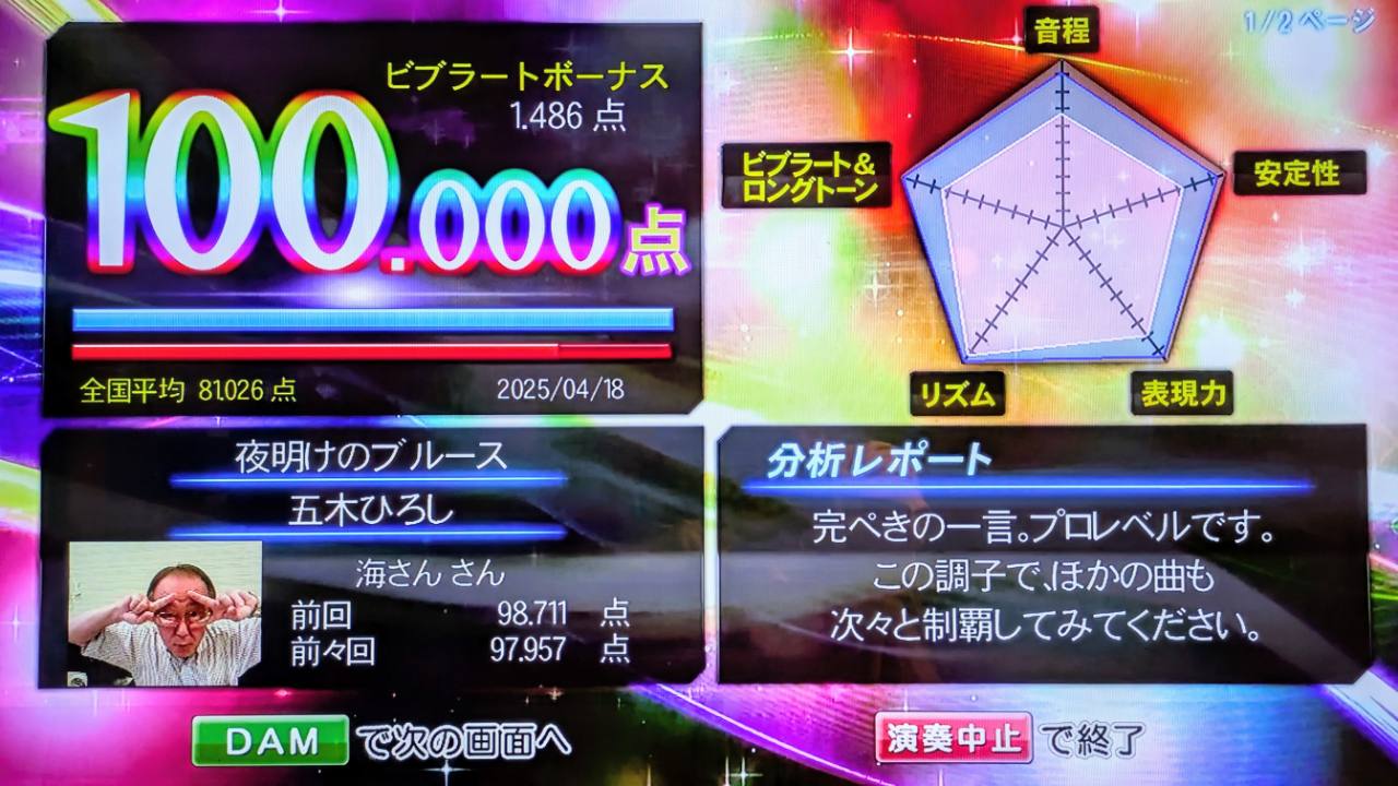 夜明けのブルース（五木ひろし）100.000点