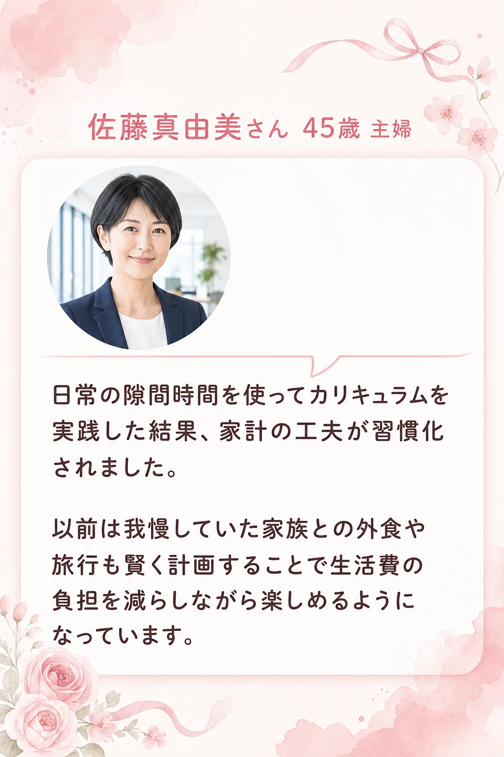 実践した方々が手にした驚きの変化 佐藤真由美さん 45歳 主婦 日常の隙間時間を使って カリキュラムを実践した結果、 家（全文は画像内に記載）