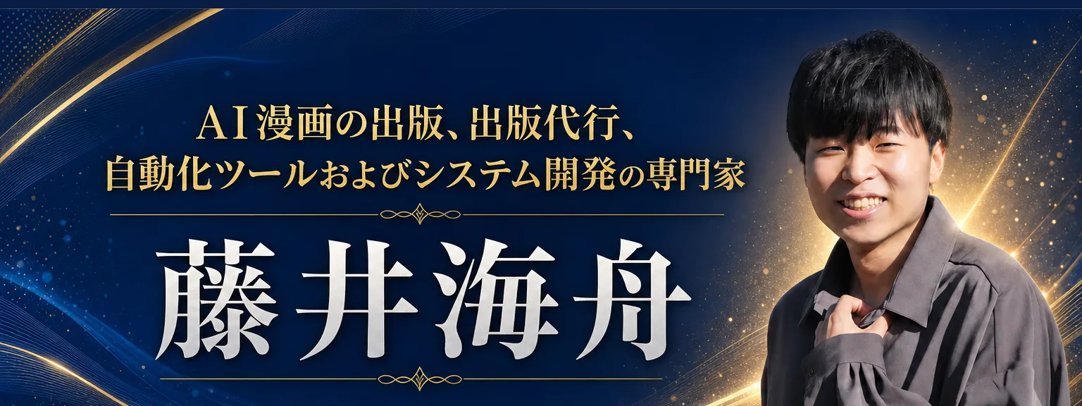 講師プロフィール: AI漫画の出版、出版代行、自動化ツールおよびシステム開発の専門家 藤井海舟 集客に悩む経営者や個人事業主に向けて、AI技（全文は画像内に記載）