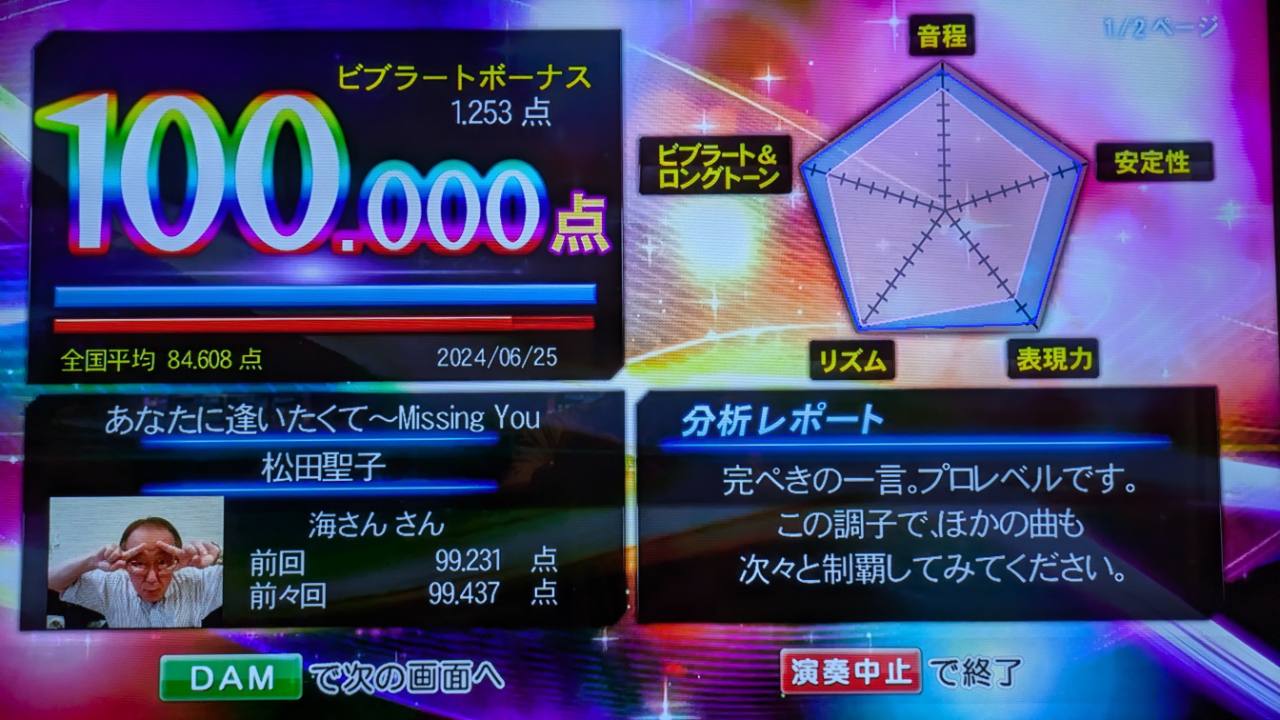 あなたに逢いたくて〜Missing You（松田聖子）100.000点