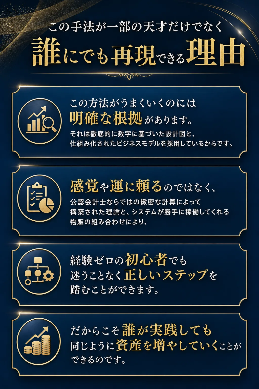 専門家の知識と自動化の仕組みで理想の生活へ しかし私たちが提案する方法は全く異なります。公認会計士が導き出した論理的な資（全文は画像内に記載）